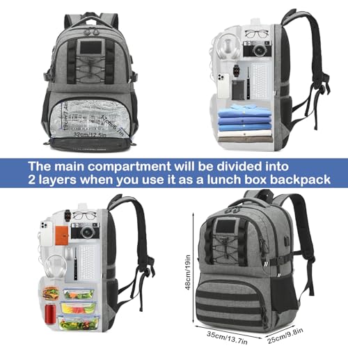 Laptop Lunch Backpack for Men - 40L Large Capacity Work Backpack with Lunch Compartment and USB Post, RFID Insulated Cooler Backpack for Work, Travel, Picnic, Black+Gray