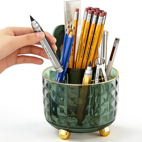 GOTOBA Dark Green Pen Pencil Holder for Desk, 6-Compartment Rotating Organizer