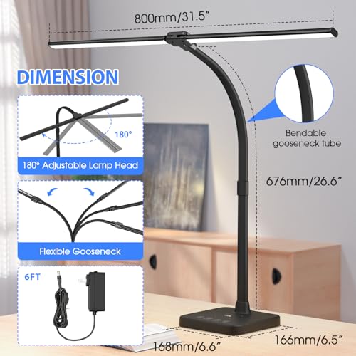 ShineTech LED Desk Lamp for Home Office, 24W Double Head Desk Light with Wireless Charging, USB Port, Adjustable Gooseneck Lamps, 5000K Daylight White