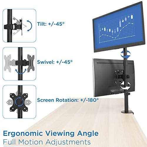 Mount-It! Vertical Monitor Mount, Dual Stacked Monitor Mount for Two Screens Each 13 to 32 Inches, Height Adjustable with Tilt Swivel Rotate, C-Clamp and Grommet Base Supports 17.6 lbs per Monitor
