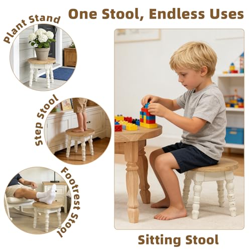 JUMBO DECOR Whitewashed Round Wooden Step Stool for Kids & Adults – Farmhouse Plant Stand, 11.8 in