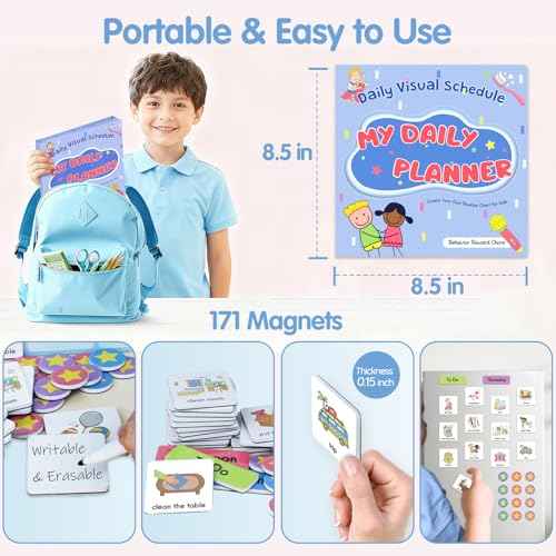Magnetic Visual Schedule for Kids, Morning & Bedtime Routine Chart for toddlers, Magnetic Chore Chart, Customizable Daily Planner with 171 magnets ADHD, Autism Learning Material Gift for Kids