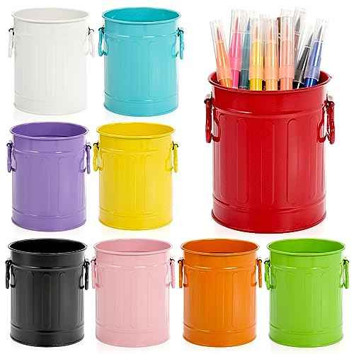 9 Pack Metal Pen Holder, Mini Pencil Bucket with Handle, Desktop Pencil Cup Makeup Brush Organizer, Desk Colorful Small Pails, Stationary Supplies Container for Office Classroom School Crafts
