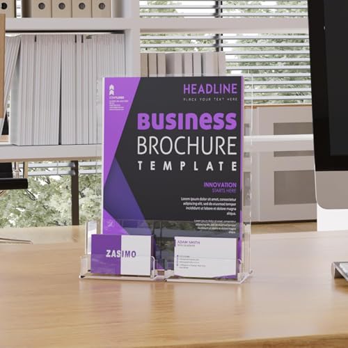 Acrylic Brochure Holder with Business Card Holder, 8.5"x 11", Clear Flyer Stands for Display, Ideal for Trade Show, Menu, Journals, Pamphlet, Magazine, Booklets, Literature (4-Pack Acrylic)