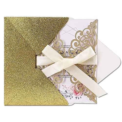 50Pcs Laser Cut Wedding Invitation With Glitter Envelopes And Ribbons Blank Personalized Card Invitaciones Para quincea?era Birthday Baby Shower Christmas Party Bridal Shower (Gold)