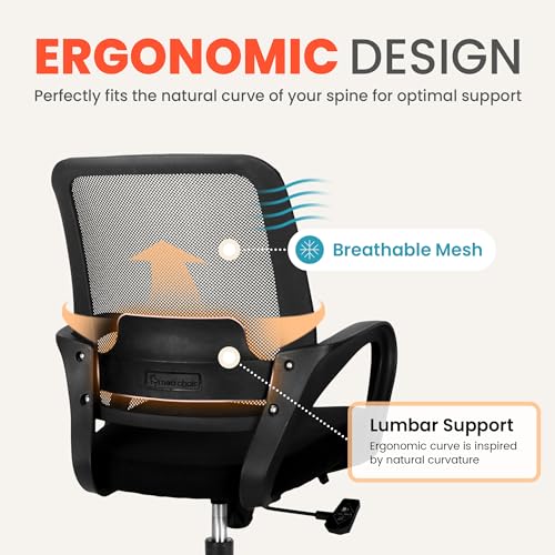 NEO Chair Office Desk Mesh Chair Ergonomic Computer Mid-Back Chair with Comfy Lumbar Support Wheels Swivel Adjustable Height Rolling for Home Vanity Bedroom Study (All Black)