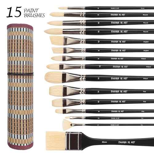 Falling in Art Natural Bristle Professional Paintbrush Set, 15PCS Long Handled Paint Brushes for Acrylic Painting, Oil Paint Brushes with Bamboo Storage Pouch