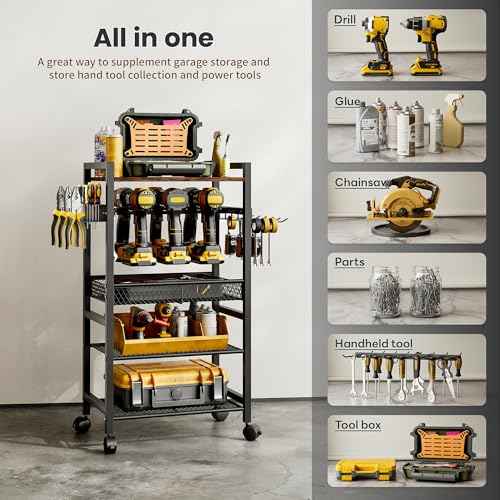 Power Tool Organizer Cart with 4 Wheels,Heavy Duty Utility Rack whth 6 Hooks,Floor Standing Rolling Tool Cart,Black