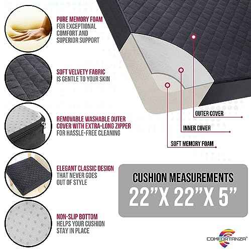 Extra Large 22x22x5 Medium-Soft Memory Foam Seat Cushion for Recliner, Armchair, Couch - Washable Velvety Cover with Waterproof Layer,Non-Slip Base - Tailbone Pain,Pressure Relief - Black