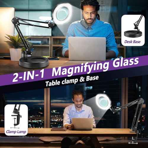 12X Magnifying Glass with Light and Stand, 5 Color Modes 10 Stepless Dimmable, Real Glass 84 LED Lighted Magnifying Glass with Swing Arm, Magnifying Lamp for Crafts Reading Painting Sewing Close Work