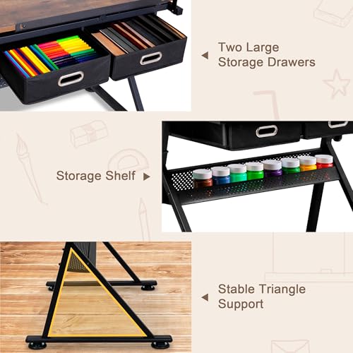 ZENY Retro Drafting Table with Outlet & Stool - Adjustable Artist Desk