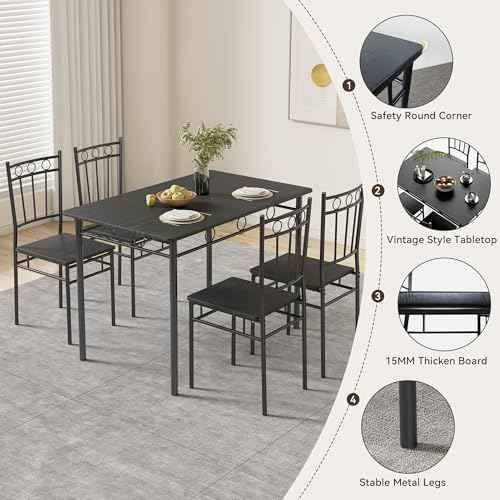 Dining Table Set for 4, 5-Piece Kitchen Table and Chairs, Rectangular Dining Room Table Set with 4 Chairs, Space-Saving Kitchen Table Set for Small Space,Dinette,Apartment,Pure Black
