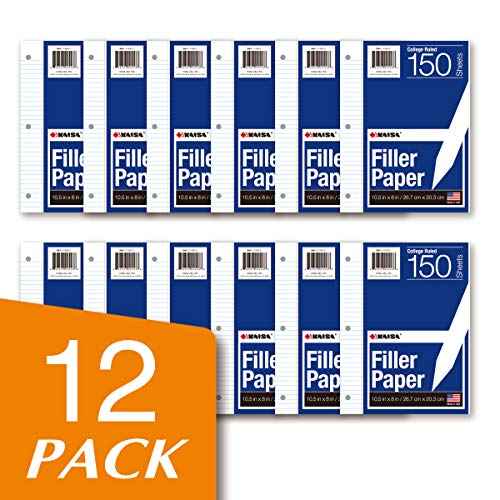 Kaisa Filler Paper Notebook Paper College Ruled 8"x10.5" Loose Leaf Paper for 3-Ring Binders 150 Sheet/pack,12pack (Total 1800 Sheets)