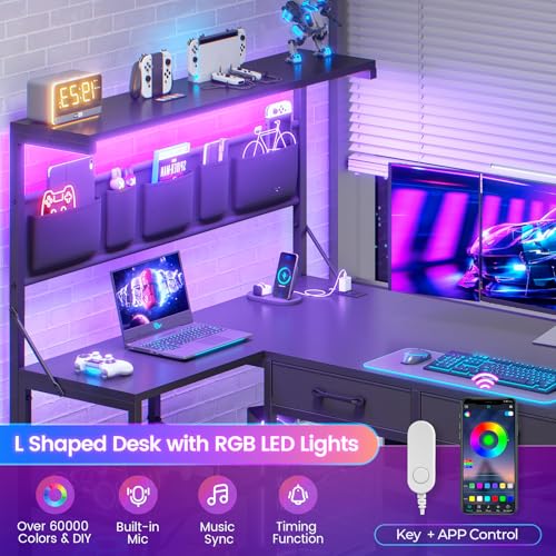 SEDETA Black Reversible L-Shaped Gaming Desk with LED Lights & Storage
