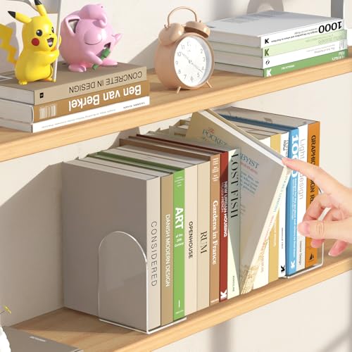 4 Pack Clear Acrylic Bookends – Heavy Duty, Non-Slip L-Shaped Book Holders for Home & Office