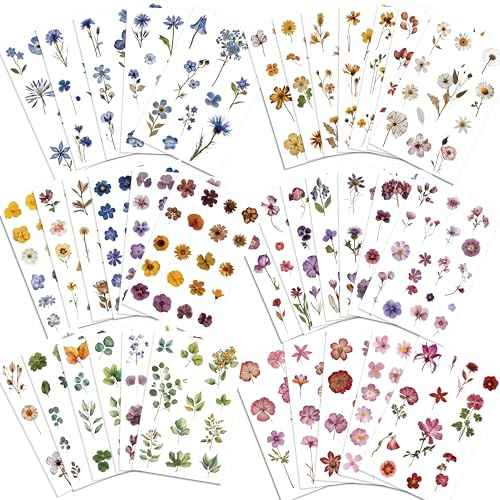 Pressed Flower Stickers(500 Pieces, 36 Sheets), Dried Flower Stickers Scrapbook for Junk Journal Supplies, Scrapbook, Planner, Bullet Journal Supplies