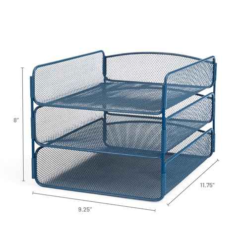 Safco Onyx Mesh 3 Tray Desktop Organizer 3271BU, Blue Powder Coat Finish, Durable Steel Mesh Construction