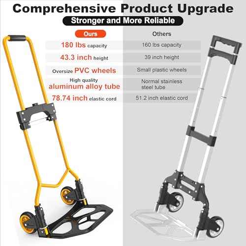 Folding Hand Truck Dolly Cart, 180LBS Portable Aluminum Hand Truck Foldable with Telescoping Handle and Elastic Cord for Luggage, Boxes, Functionality Foldable Dolly for Home, Moving, Black Yellow