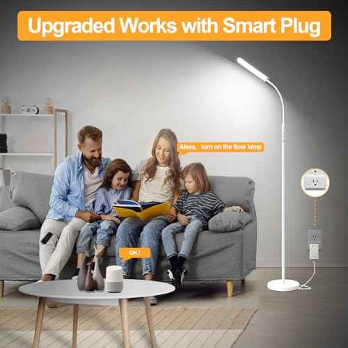 White Floor Lamp, 18W 1800LM Bright LED Floor Lamps for Living Room Bedroom, Dimmable Timing Eye Caring Reading Standing Lamp with Remote & Works with Smart Plug