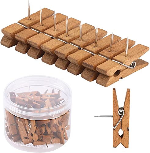 Joyberg 50 Pcs Wooden Push Pins with Clips Brown – Durable Cork Board Tacks for Photos, Art, Notes, & Crafts