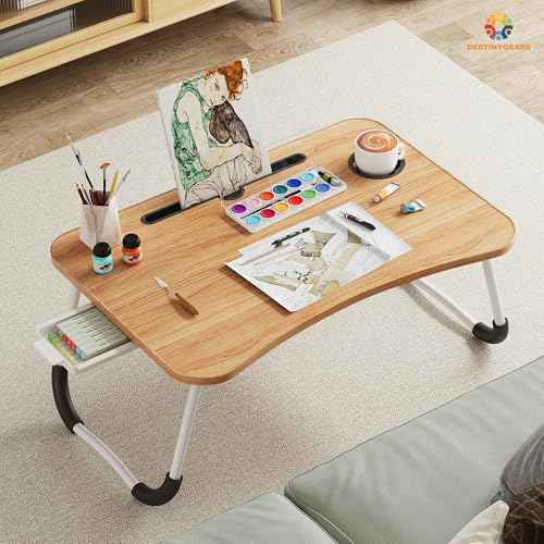 Lap Desk Bed Trays for Eating and Laptops Breakfast in Bed Tray for Sofa/Couch/Study/Reading/Writing with Cup Holder/Drawer On Low Sitting Floor Large Portable Foldable (Walnut Beige)