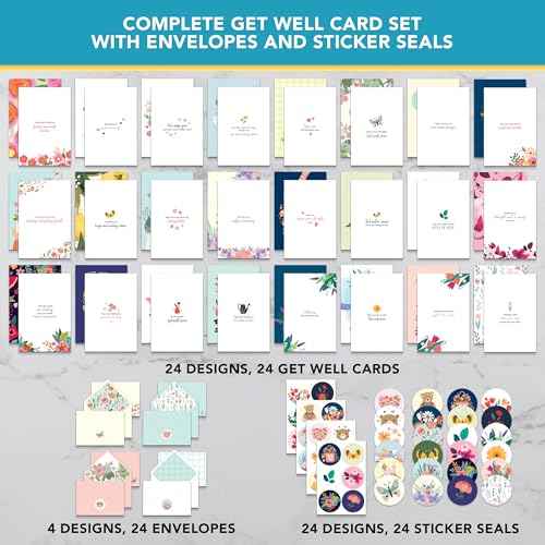 Decorably 24 Pack 4x6in Assorted Get Well Cards Assortment Box with Envelopes and Stickers, 24 Unique Floral Designs Get Well Cards with Envelopes, with Printed Message Inside