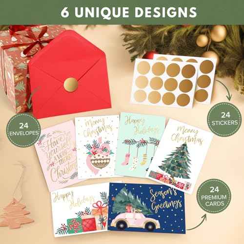 24 Pack Gold Foil Christmas Cards with Envelopes and Inside Messages 6 Assorted Designs Christmas Cards Bulk for Friends, Family, Kids, Boys, Girls.