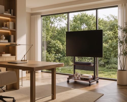 FITUEYES Walnut Rolling TV Stand Mount for 40-85in TVs with Wooden Shelf