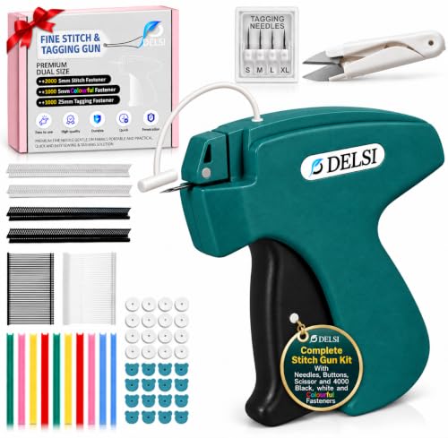 Delsi Stitch Gun for Clothes – Green Tag Gun Kit with 4000 Fasteners, 6 Needles