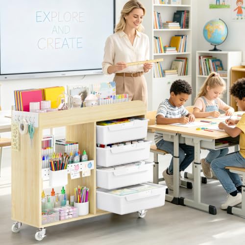 SYKIARIOL White 4-Drawer Rolling Craft Cart with Labels & Hooks