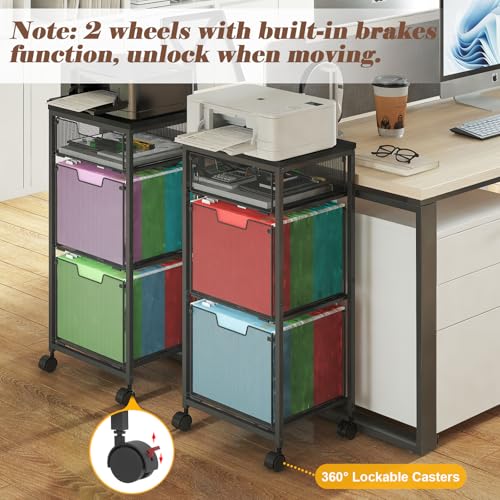 3 Drawer Mobile File Cabinet for Home Office, Rolling Filing Cabinet on Lockable Wheels, Hanging File Folders Organizer, Utility Cart Storage and Organizer, Printer Stand, Black
