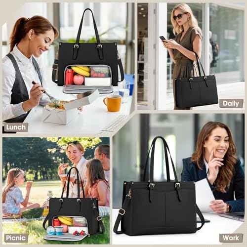Lunch Tote Bag for Women 15.6 Inch Laptop Bag with Insulated Lunch Compartment Leather Quilted Computer Tote for Teacher Work