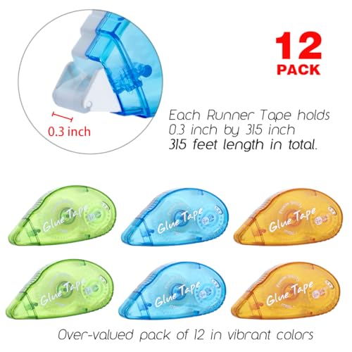 XUXU 12 Pack Double Sided Tape Roller Scrapbook Tape - Vibrant Colors Set