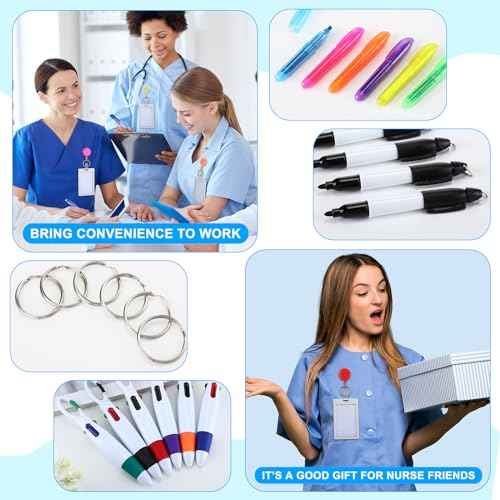 Fulmoon 150 Pcs Nurse Pen Set 30 Retractable Nursing Badge Reel 30 Ballpoint Pens 30 Mini Highlighter 30 Permanent Marker Pen 30 Metal Open Circles for Christmas Gift (Classic Color)