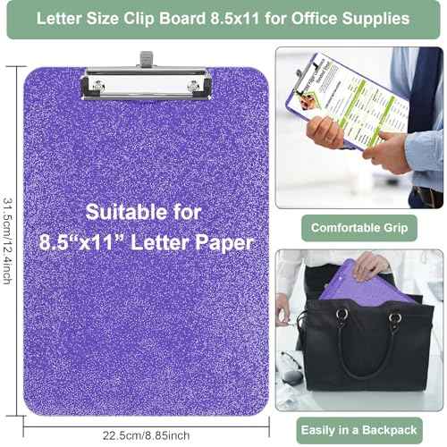 1 Pcs Clear Glitter Clipboards, Plastic Clipboard with Pen Holder,Size 8.85 x 12.4 in Shiny Clipboards with Low Profile Clip,Cute Hanging Clipboard for Office School Supplies Sparkly Clip board-Purple