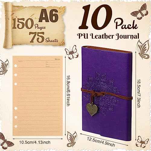 Yeaqee 10 Pack PU Leather Journal Notebook Refillable Travel Vintage Journal 6 Ring Binder Diary with Lined Pages Diary Daily Writing Notepad Gift for Women Girls Boys Classroom Reward, A6 7" x 5"