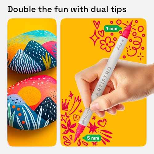 ARTISTRO 24 Acrylic Paint Pens - Dual Tip Brush + Fine Ideal for Calligraphy - Acrylic Paint Markers for Fabric, Rock, Glass, Wood, DIY - Art Supplies, Stocking Stuffers, Christmas Gift Idea