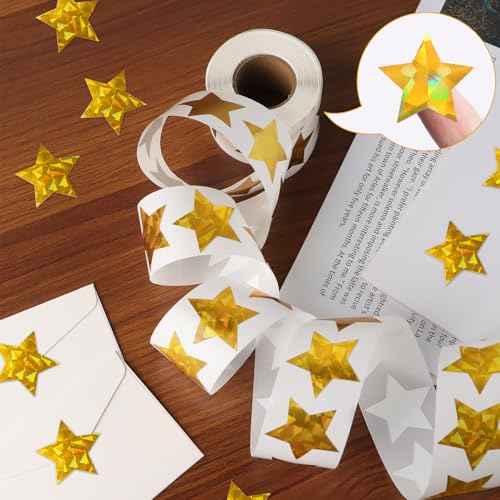 500 PCS Holographic Gold Star Stickers, 1 inch Self Adhesive Metallic Glitter Foil Stickers Sparkly Star Sticker Reward Behavior Chart Labels for Kids Students Teachers Supplies