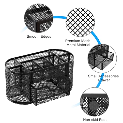 EasyPAG Mesh Pen Holder Desk Organizer with Drawer - Black, 9 Compartments
