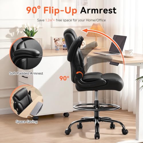 JMYMRY PU Leather Drafting Chair with Foot Ring, Black/Modern, Height Adjustable 360° Swivel, Flip-Up Armrests, Counter/Standing Desk