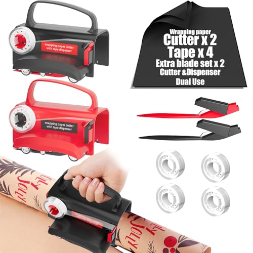 Gift Wrap Cutter & Tape Dispenser Set with Blades - Easy, Safe, Fast Christmas Gift Wrapping Tool
