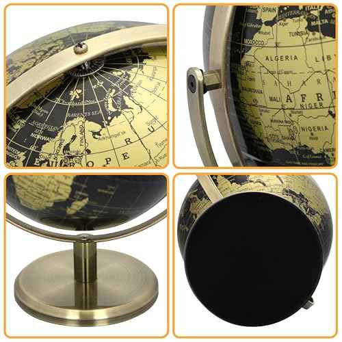 EXERZ 20cm Globe Black & Golden, All Direction 360 Rotating - World Globe Educational Geographic - Bronze Arc and Base. English Map.