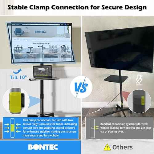 BONTEC Mobile TV Stand with Tilt Function, Rolling TV Stand for 23-60" LED, LCD, OLED TVs, Holds up to 88lbs, Max VESA 400x400mm, Adjustable Media Shelf (Black, 17.1x15.1x53.1 in)