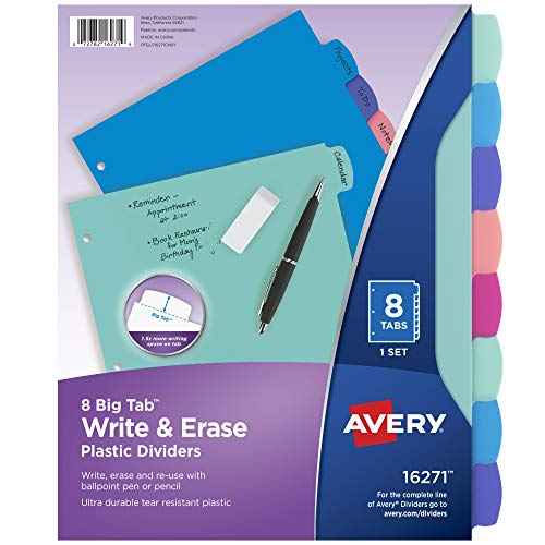 Avery Write & Erase Dividers for 3 Ring Binders, 8 Tabs per Set, Multicolor Big Tabs, Pastels, Binder Dividers Great for Organizing Reports, Projects, and More (16271)