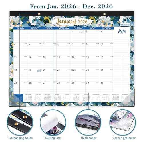 2026 Desk Calendar - JAN 2026 - DEC 2026, 2026 Calendar, Large Desk Calendar with Corner Protectors, 18-Month Calendar with Reference Calendars, for Home & Office Organizing - Floral (15" x 12")