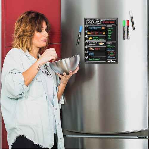 CHALKY CROWN Magnetic Dry Erase Menu Board for Fridge Includes 4 Liquid Chalk Markers - Weekly Meal Planner Blackboard, Grocery List & Notepad for Kitchen Refrigerator - Chalkboard Magnet