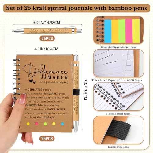 Jetec 25 Sets Inspirational Notebooks Bulk Christmas Employee Appreciation Gifts Spiral Notebook with Sticky Notepad Bamboo Pens for Xmas Thanksgiving Coworker Student Nurse Staff (Difference Maker)