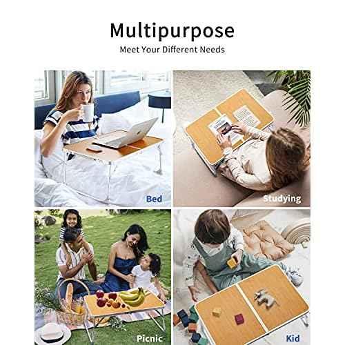 Foldable Laptop Table for Bed, SUVANE Lap Desk, Breakfast Serving Bed Tray, Portable Mini Picnic Table, Storage Space Laptop Desk Reading Holder(Bamboo)