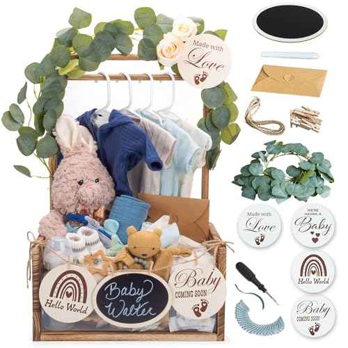 Wooden Baby Shower Crate Closet with Clear Acrylic Front - Customizable Wooden Crate Box with Dual Rod System, Easy Assembly Baby Baskets and Gift Display for Baby Shower (Burnt Wood)