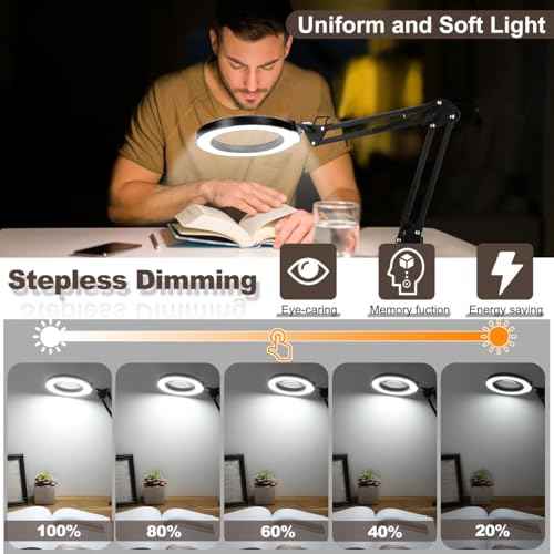 10X Magnifying Glass with Light and Stand, 5 Color Modes Stepless Dimmable 2-in-1 Desk Lamp with Clamp, Hands Free LED Lighted Magnifier with Light for Craft Hobby Painting Reading Repair Close Works
